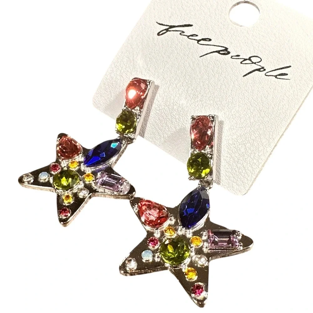 Free People NancyAnn Earrings NWT‎ Womens OS Multicolor Silver Star Crystal Drop